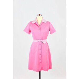 Vintage 80's Preppy Pink Polyester Houndstooth Trim Belted Shirt Dress, Size S